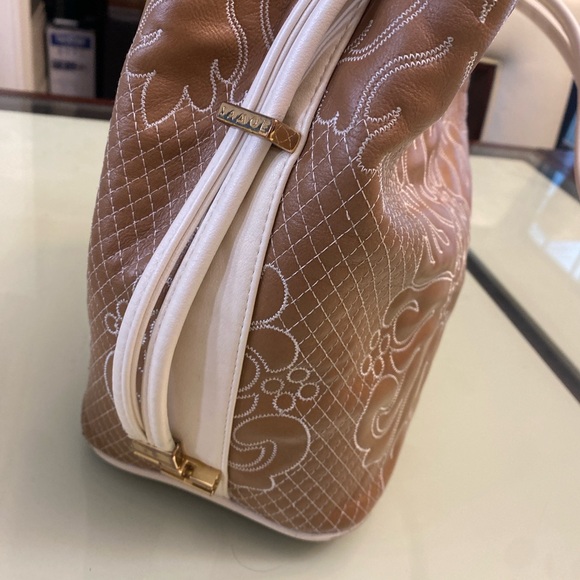 Samoe Square Top Handle Bag Mixed Colors Pockets Size 10H X 8L Brown Tan Beige - Picture 9 of 16